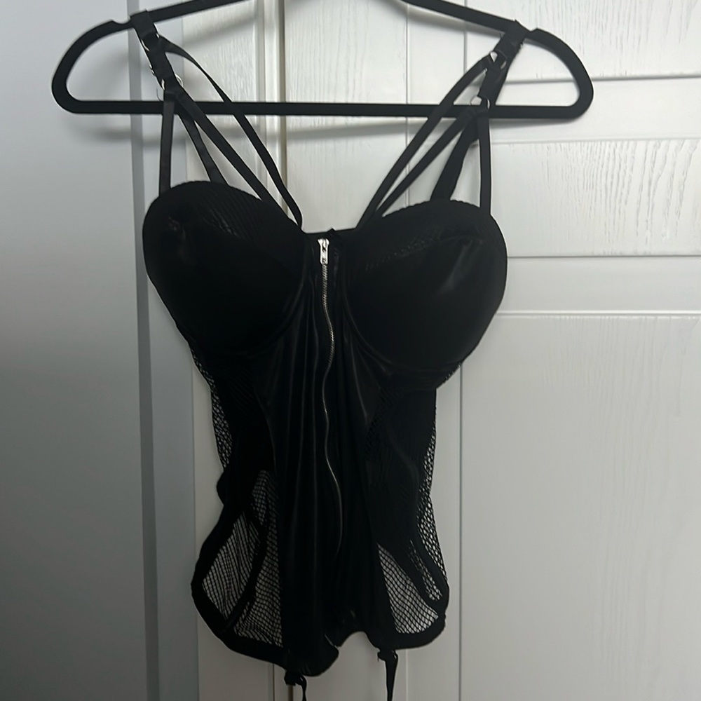 Corset Bustier with Mesh Panel Sides and Garter Straps
